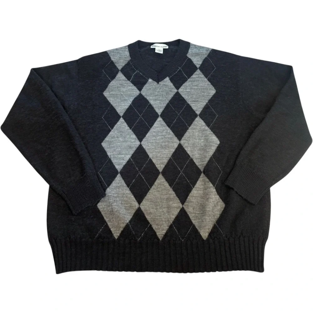 Pronto Uomo Mens Large Argyle V-Neck Sweater Merino Wool Blend Charcoal Grey